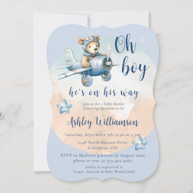 Teddy Bear Aviator Oh Boy Baby Shower Invitation (Front)