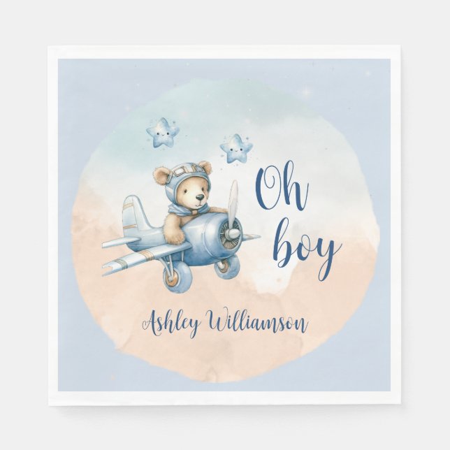 Teddy Bear Aviator Oh Boy Baby Shower  Napkins (Front)