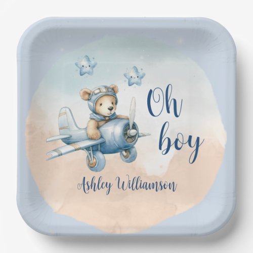 Teddy Bear Aviator Oh Boy Baby Shower  Paper Plates