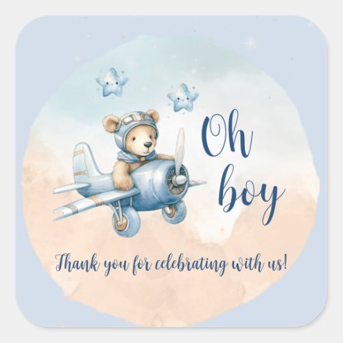 Teddy Bear Aviator Oh Boy Baby Shower  Square Sticker