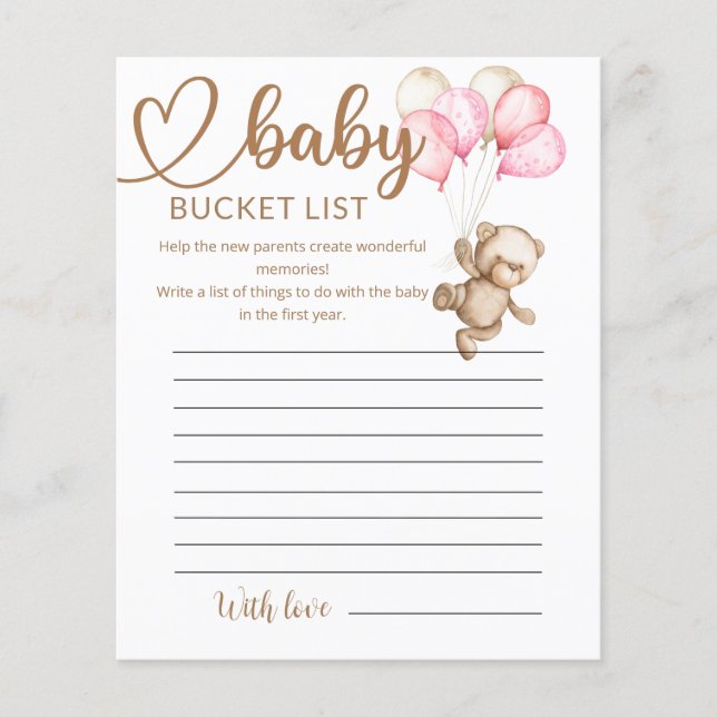 Teddy Bear Baby Bear Baby Shower Bucket List (Front)