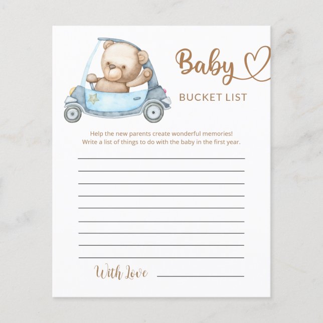 Teddy Bear Baby Bear Baby Shower Bucket List (Front)