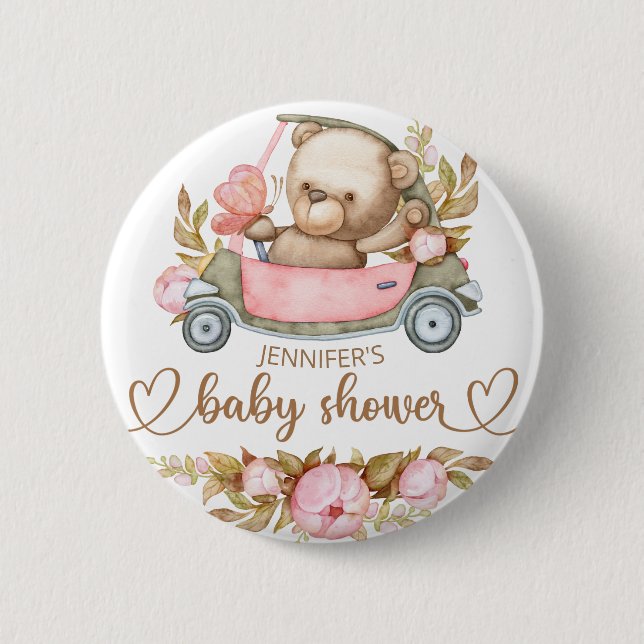 Teddy Bear Baby Bear Baby Shower Floral Button (Front)