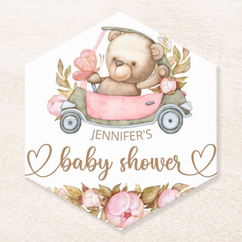 Teddy Bear Baby Bear Baby Shower Floral  Paper Coa Paper Coaster