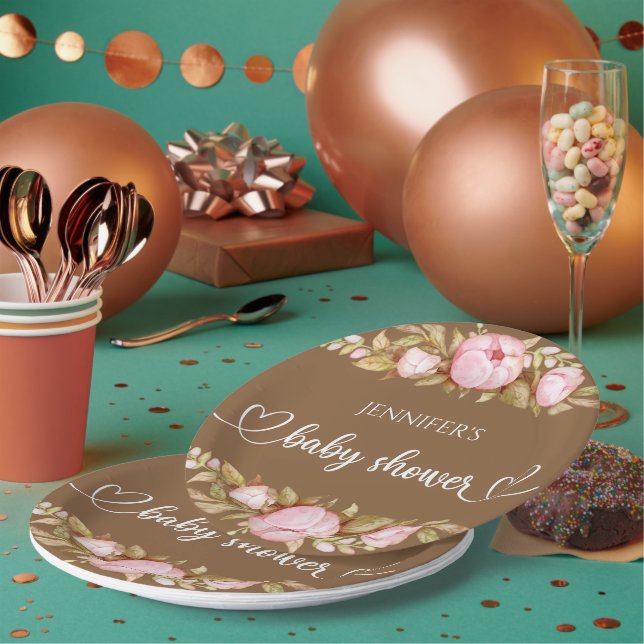 Teddy Bear Baby Bear Baby Shower Floral Paper Plates (Multi)