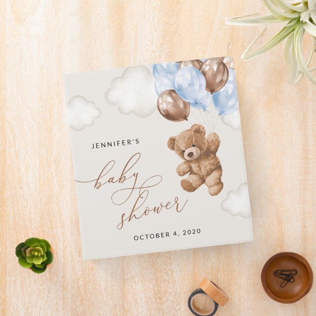 Teddy Bear, Baby Bear, Blue Balloons, Baby Shower 3 Ring Binder (In Situ)