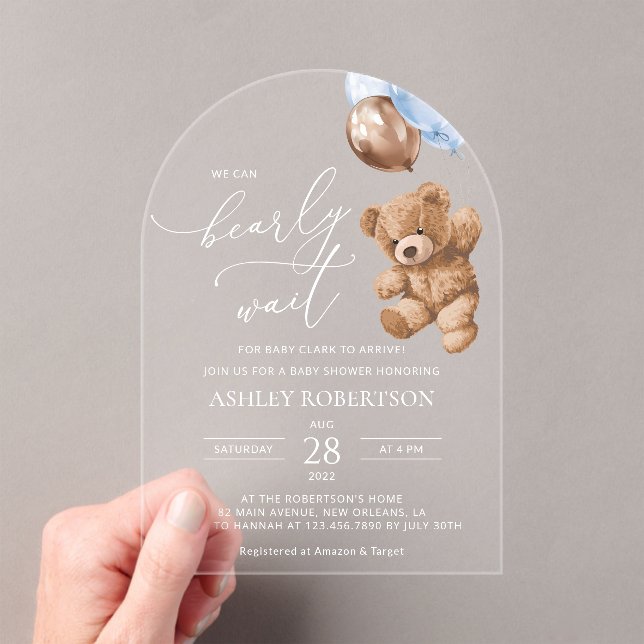 Teddy Bear, Baby Bear, Blue Balloons, Baby Shower Acrylic Invitations (Insitu (Handheld))