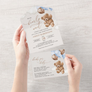 Teddy Bear, Baby Bear, Blue Balloons, Baby Shower All In One Invitation