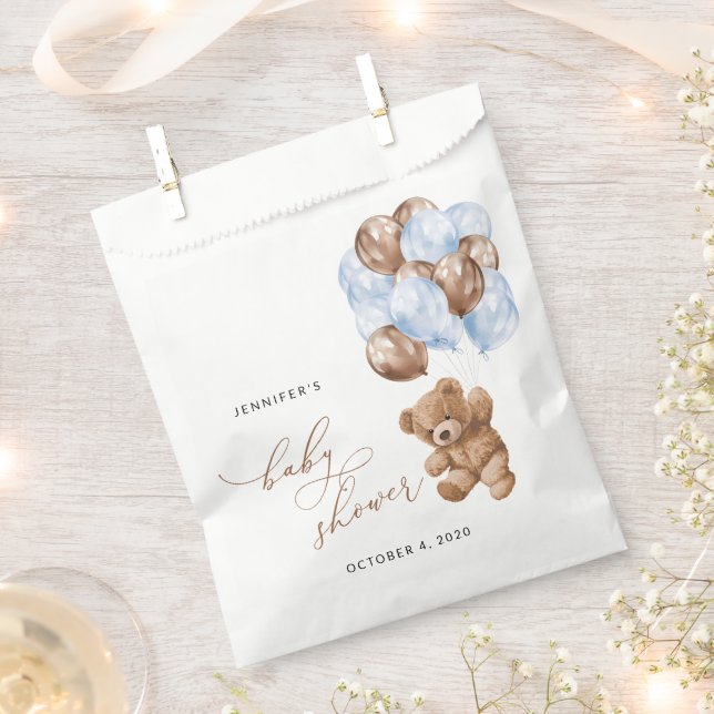 Teddy Bear, Baby Bear, Blue Balloons, Baby Shower Favor Bag (Clipped)
