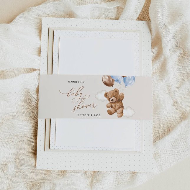 Teddy Bear, Baby Bear, Blue Balloons, Baby Shower Invitation Belly Band (Creator Uploaded)