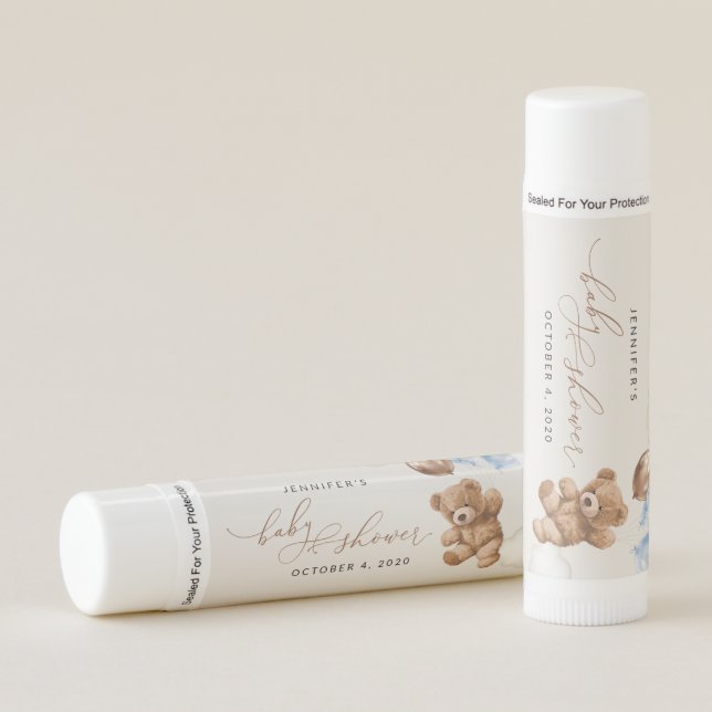 Teddy Bear, Baby Bear, Blue Balloons, Baby Shower Lip Balm (Front)