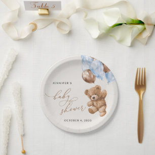 Teddy Bear, Baby Bear, Blue Balloons, Baby Shower Paper Plates