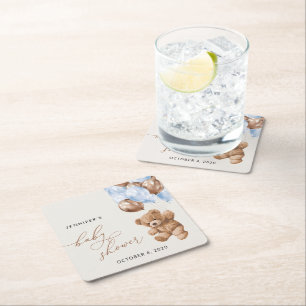 Teddy Bear, Baby Bear, Blue Balloons, Baby Shower Square Paper Coaster