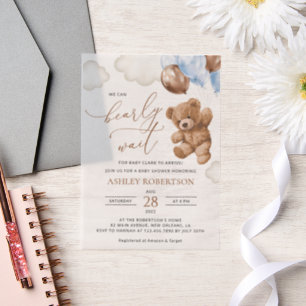 Teddy Bear, Baby Bear, Blue Balloons, Baby Shower Vellum Invitations