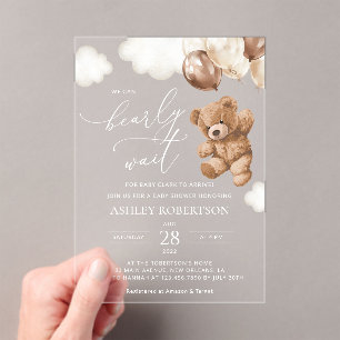 Teddy Bear, Baby Bear, Brown Balloons, Baby Shower Acrylic Invitations