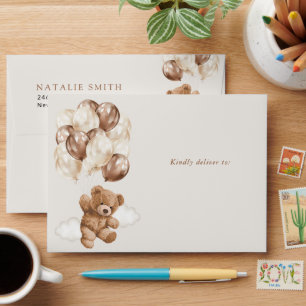 Teddy Bear, Baby Bear, Brown Balloons, Baby Shower Envelope