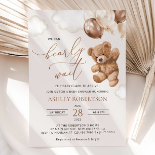 Teddy Bear, Baby Bear, Brown Balloons, Baby Shower Invitation