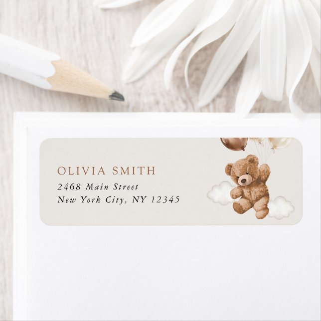 Teddy Bear, Baby Bear, Brown Balloons, Baby Shower Label (Insitu)