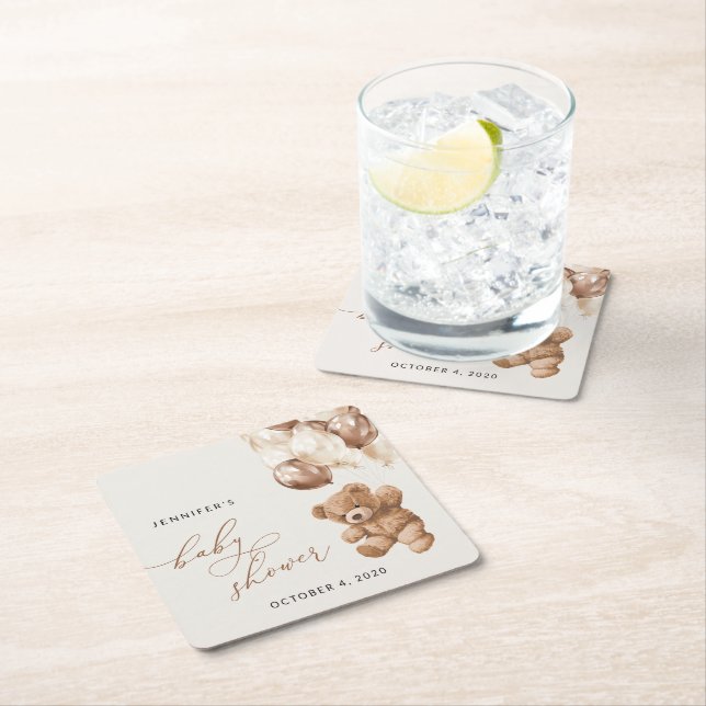 Teddy Bear, Baby Bear, Brown Balloons, Baby Shower Square Paper Coaster (Insitu)