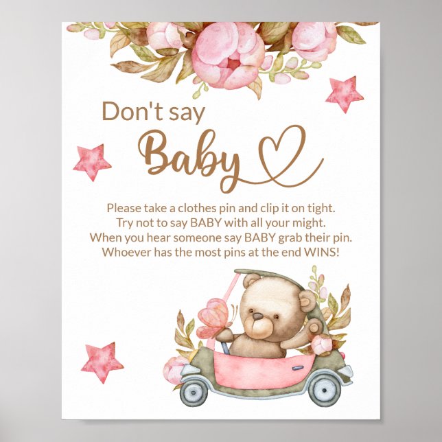 Teddy bear baby bear don't say baby shower game poster (Front)