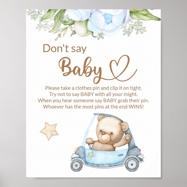 Teddy bear baby bear don't say baby shower game poster (Front)