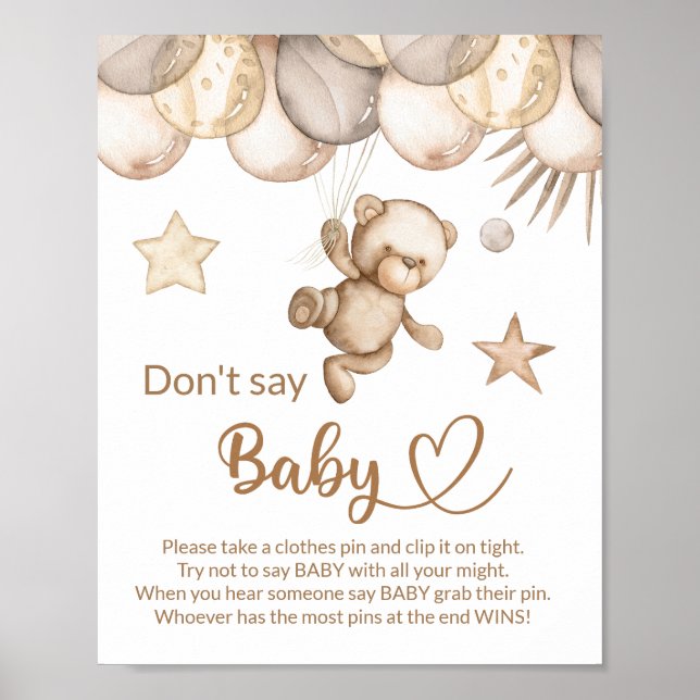 Teddy bear baby bear don't say baby shower game poster (Front)