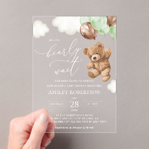 Teddy Bear, Baby Bear, Green Balloons, Baby Shower Acrylic Invitations