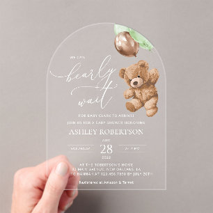 Teddy Bear, Baby Bear, Green Balloons, Baby Shower Acrylic Invitations