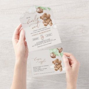 Teddy Bear, Baby Bear, Green Balloons, Baby Shower All In One Invitation