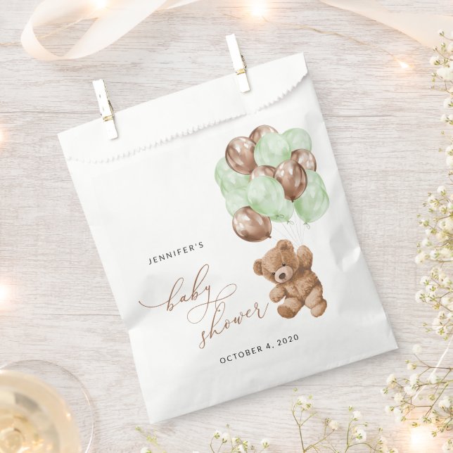 Teddy Bear, Baby Bear, Green Balloons, Baby Shower Favor Bag (Clipped)