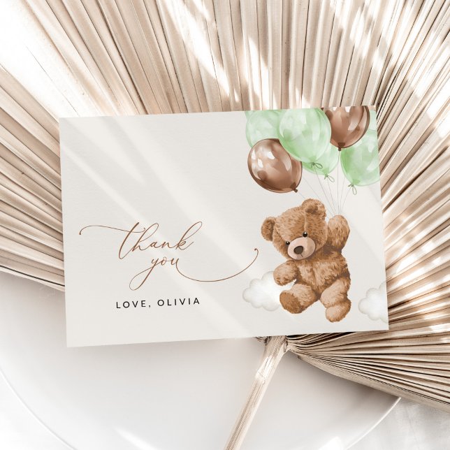 Teddy Bear, Baby Bear, Green Balloons, Baby Shower Thank You Card (Creator Uploaded)