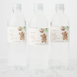 Teddy Bear, Baby Bear, Green Balloons, Baby Shower Water Bottle Label