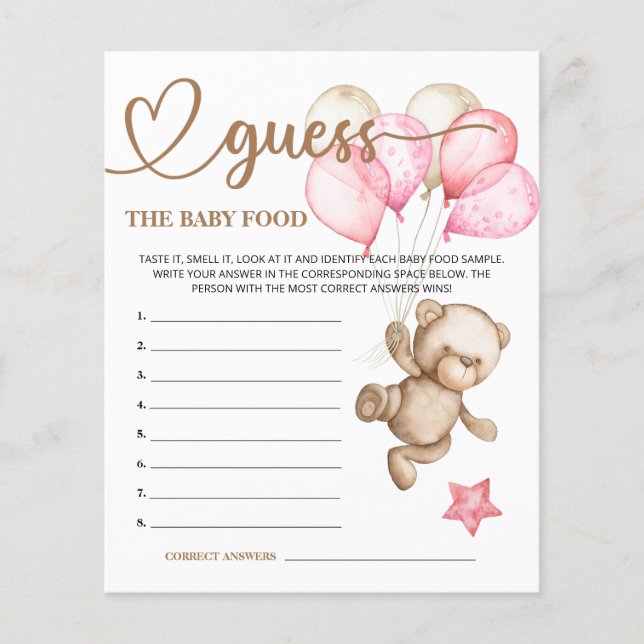 Teddy Bear Baby Bear Guess the Baby Food Card. (Front)