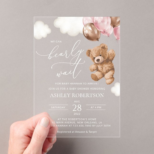 Teddy Bear, Baby Bear, Pink Balloons, Baby Shower Acrylic Invitations (Insitu (Handheld))