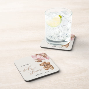 Teddy Bear, Baby Bear, Pink Balloons, Baby Shower Beverage Coaster