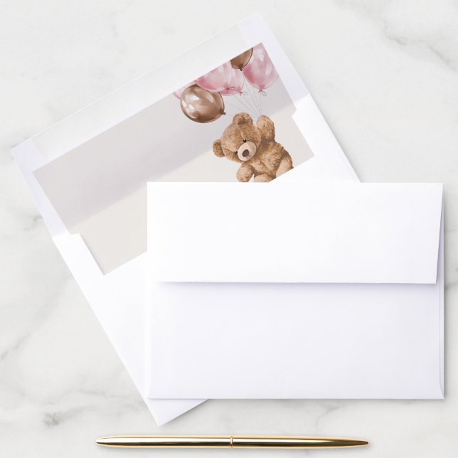 Teddy Bear, Baby Bear, Pink Balloons, Baby Shower Envelope Liner (Desk)