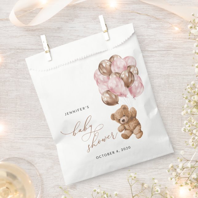 Teddy Bear, Baby Bear, Pink Balloons, Baby Shower Favor Bag (Clipped)