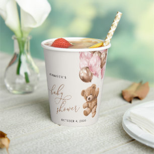 Teddy Bear, Baby Bear, Pink Balloons, Baby Shower Paper Cups