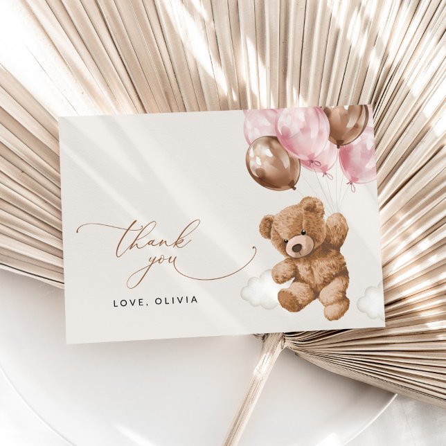 Teddy Bear, Baby Bear, Pink Balloons, Baby Shower Thank You Card (Creator Uploaded)