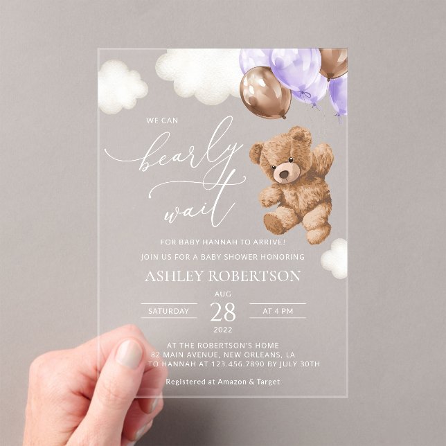 Teddy Bear, Baby Bear, Purple Balloon, Baby Shower Acrylic Invitations (Insitu (Handheld))