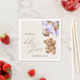 Teddy Bear, Baby Bear, Purple Balloon, Baby Shower Napkins