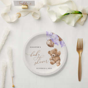Teddy Bear, Baby Bear, Purple Balloon, Baby Shower Paper Plates