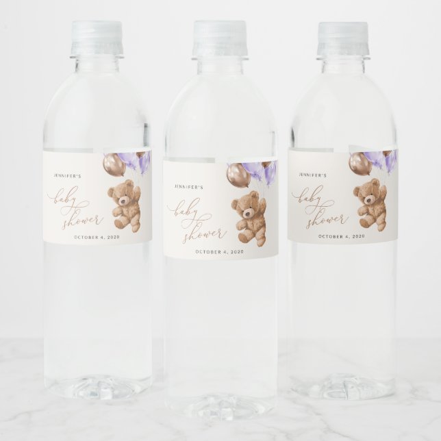 Teddy Bear, Baby Bear, Purple Balloon, Baby Shower Water Bottle Label (Bottles)