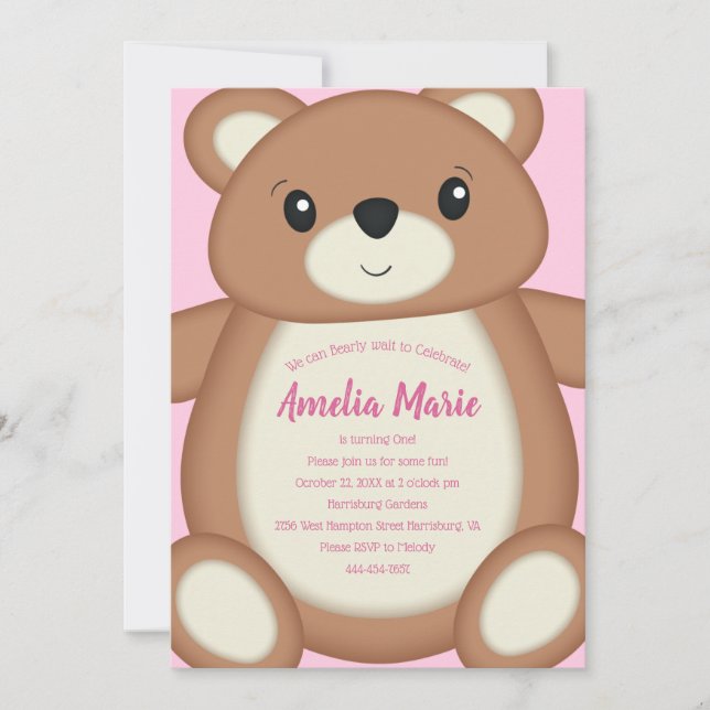 Teddy Bear Baby Birthday Party Pink  Invitation (Front)