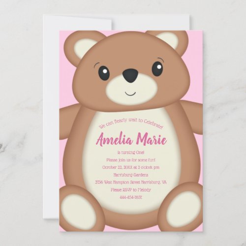 Teddy Bear Baby Birthday Party Pink  Invitation