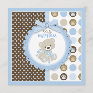 Teddy Bear Baby Boy Baptism Blue Invitation