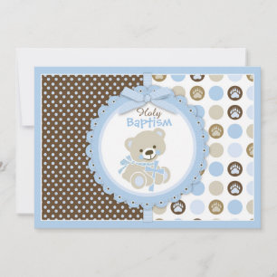 Teddy Bear Baby Boy Baptism Blue Invitation