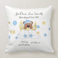 Teddy Bear Baby Boy Birth Date Stats Announcement Throw Pillow