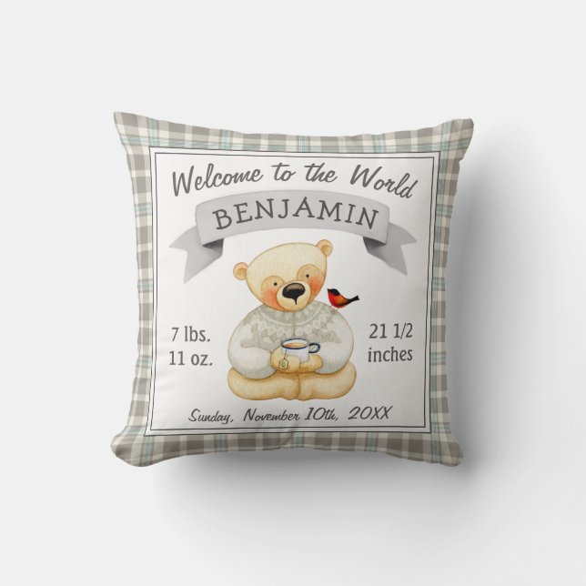 Teddy Bear Baby Boy Birth Stats Throw Pillow (Front)