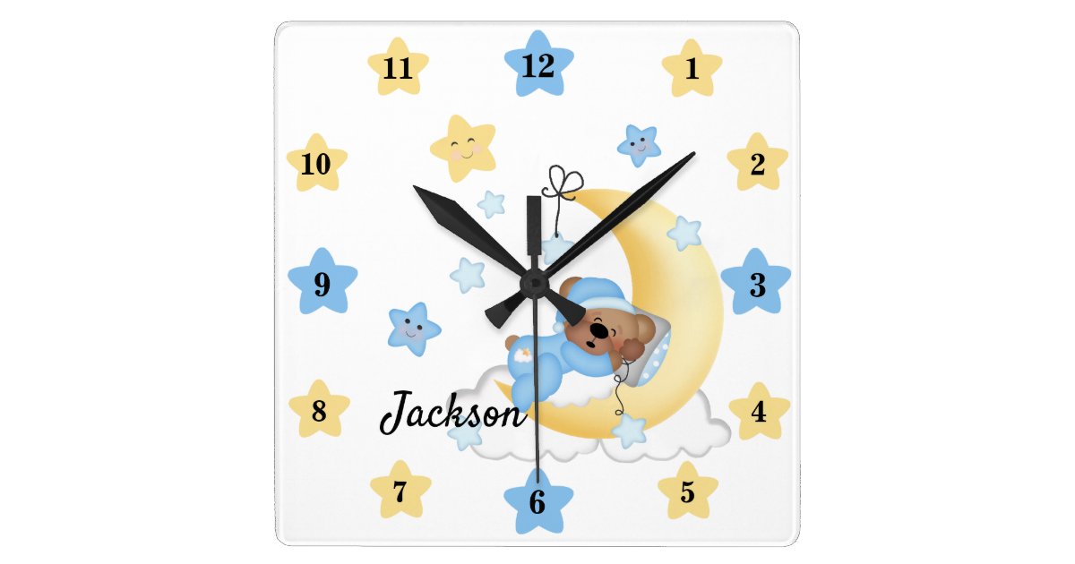 Teddy Bear Baby Boy Moon Stars Kids Nursery Room Square Wall Clock Zazzle Com